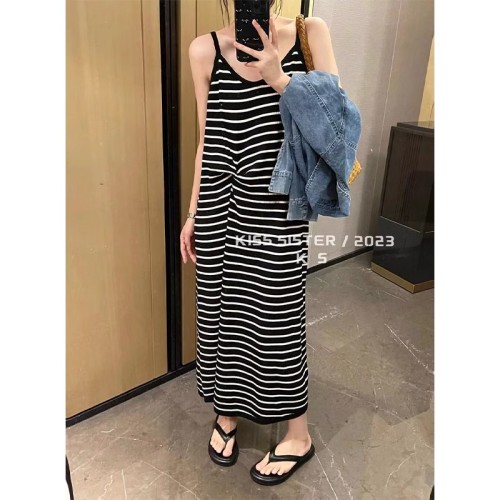 Striped contrasting black suspender knitted seaside resort dress for women 2024 new spring and summer temperament and versatile