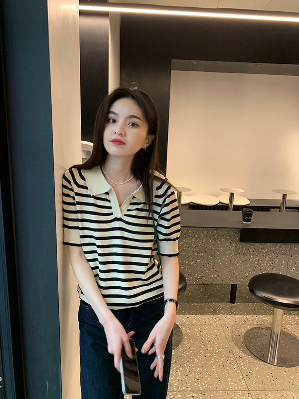 法式設計感小眾氣質修身上衣polo衫v領條紋短袖針織衫女夏