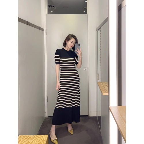 2024 spring and summer new style simple striped short-sleeved long dress slimming advanced A-line skirt