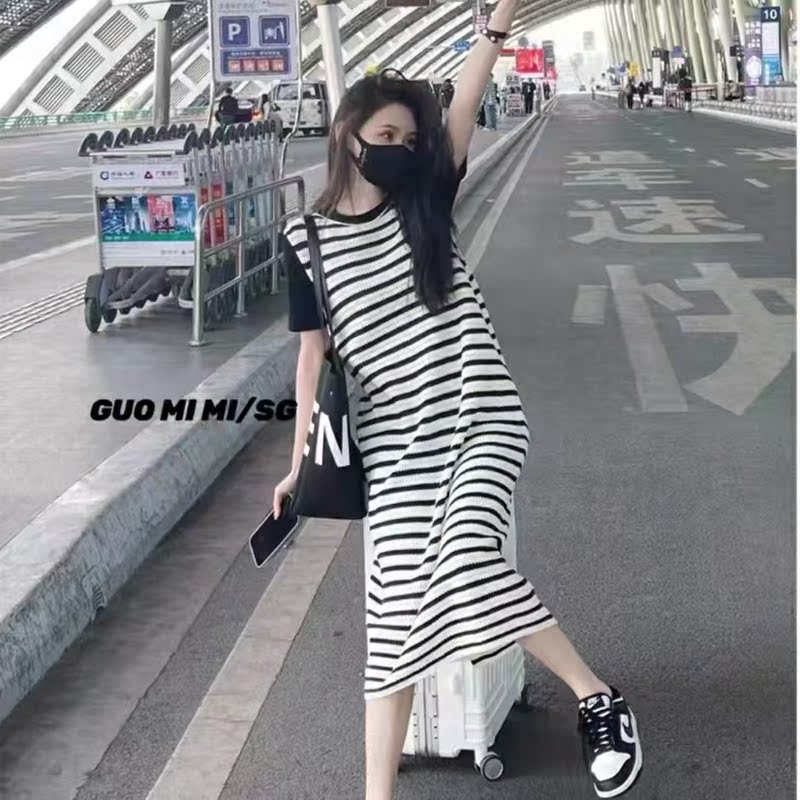 官方圖韓系開叉設計感條紋寬鬆顯瘦懶人穿搭休閒中長款針織連衣裙