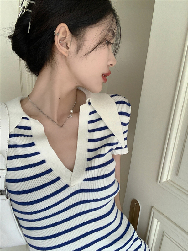 辣妹性感條紋短袖針織衫女夏季純欲v領薄款綁帶修身顯瘦打底上衣