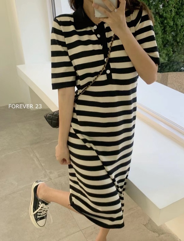 2024新款夏季減齡設計感慵懶風polo領條紋短袖連衣裙女顯瘦長裙