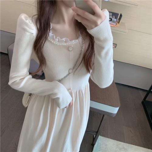 2024 Spring Clothing Sweet Bottoming Knitted Dress Gentle Wind Long Sleeve Sweater Dress Slimming Waist Long Skirt Versatile