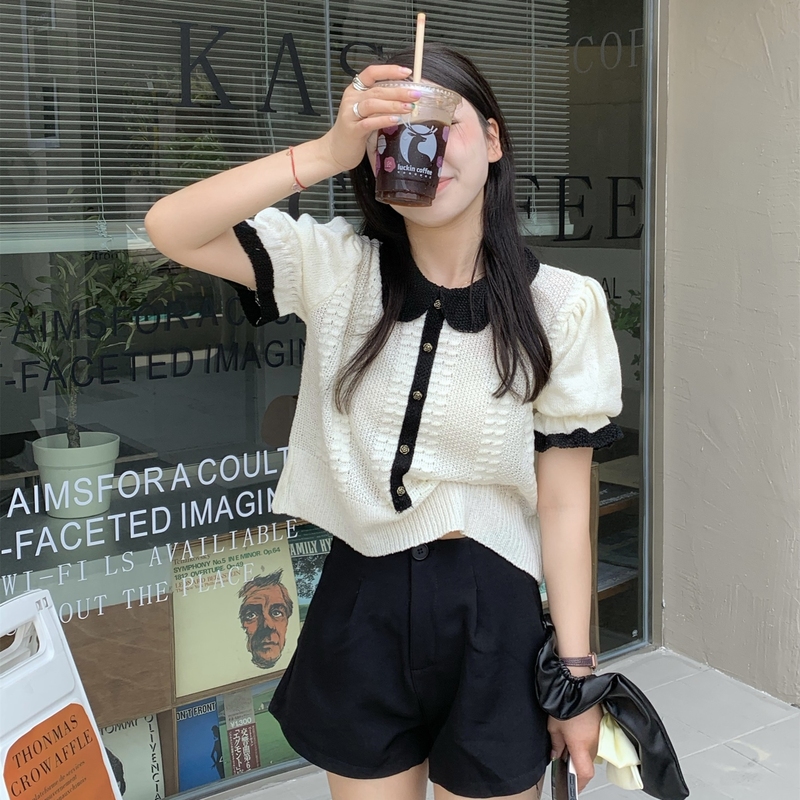 官方圖夏季新款韓系甜美氣質撞色娃娃領針織減齡泡泡袖短款短袖潮