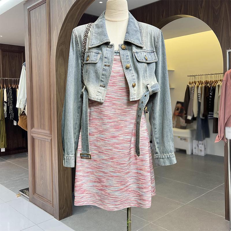 Spring Hong Kong style denim short jacket bottoming striped contrasting suspender dress two-piece suit for women