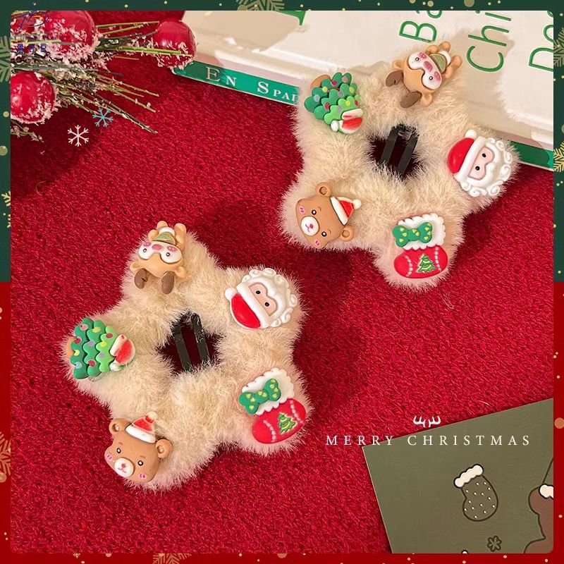 Christmas plush five-pointed star forehead hair clip girl cartoon holiday Santa Claus elk autumn and winter super fairy hair accessories