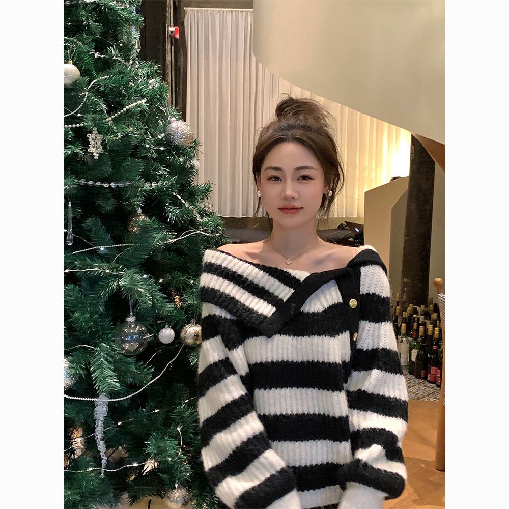 Korean style super nice big lapel contrast striped one-shoulder sweater for women autumn and winter 2023 new off-shoulder sweater