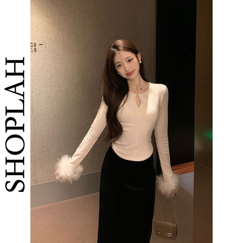 Chun Yude plush splicing long-sleeved hollow T-shirt women's autumn and winter gentle style slim short bottoming shirt top