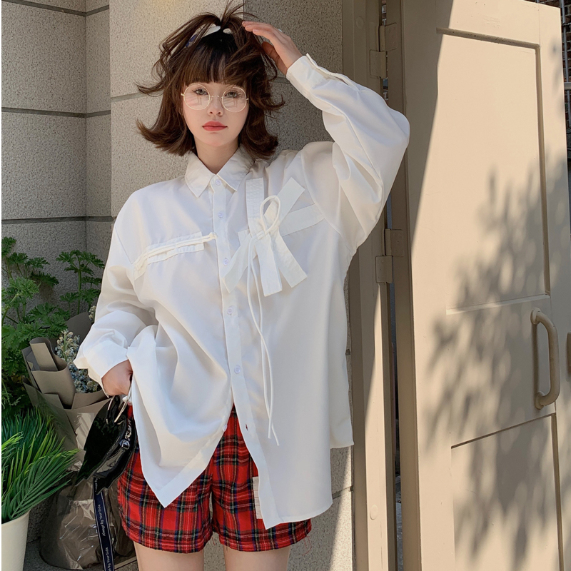 實拍 別致設計感蝴蝶結襯衫女韓版寬鬆新款慵懶風長袖上衣ins