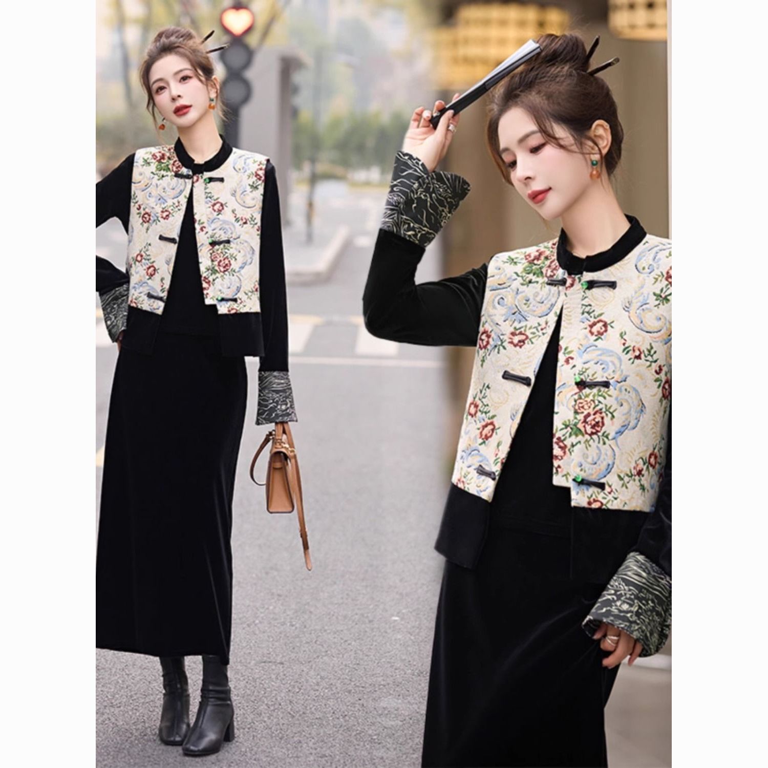 New Chinese style national style women's clothing 2024 spring new retro buckle vest + velvet top + skirt suit
