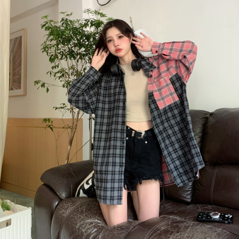 實拍溫柔賢慧粉灰不規則襯衫女寬鬆休閒長袖上衣外套防曬衫潮