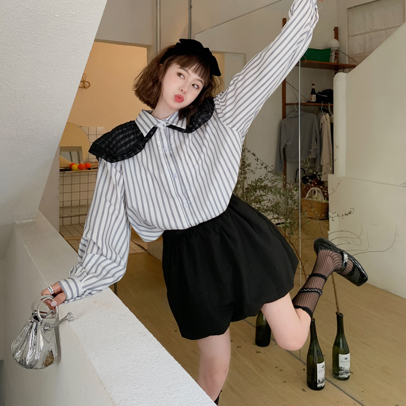 實拍條紋娃娃領披肩假兩件襯衫女百搭小眾別致設計感長袖上衣
