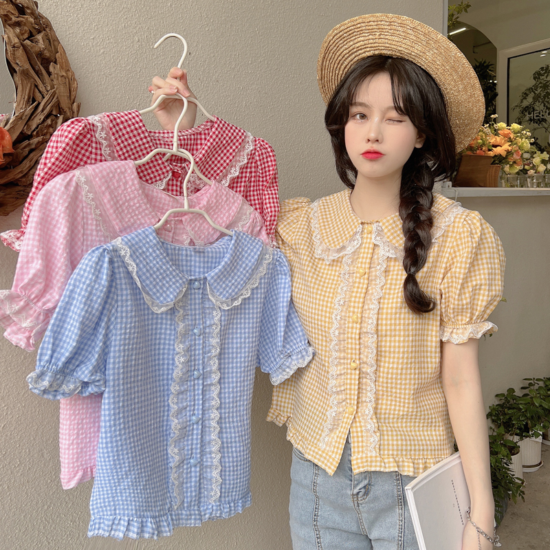 實拍 娃娃領格子襯衫女夏季設計感木耳邊別致上衣服