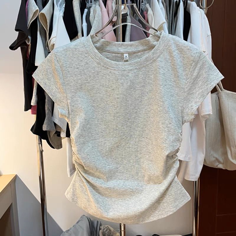Pure cotton right shoulder round neck short-sleeved T-shirt for women in summer tight-fitting pleated slimming irregular design small flying sleeve top
