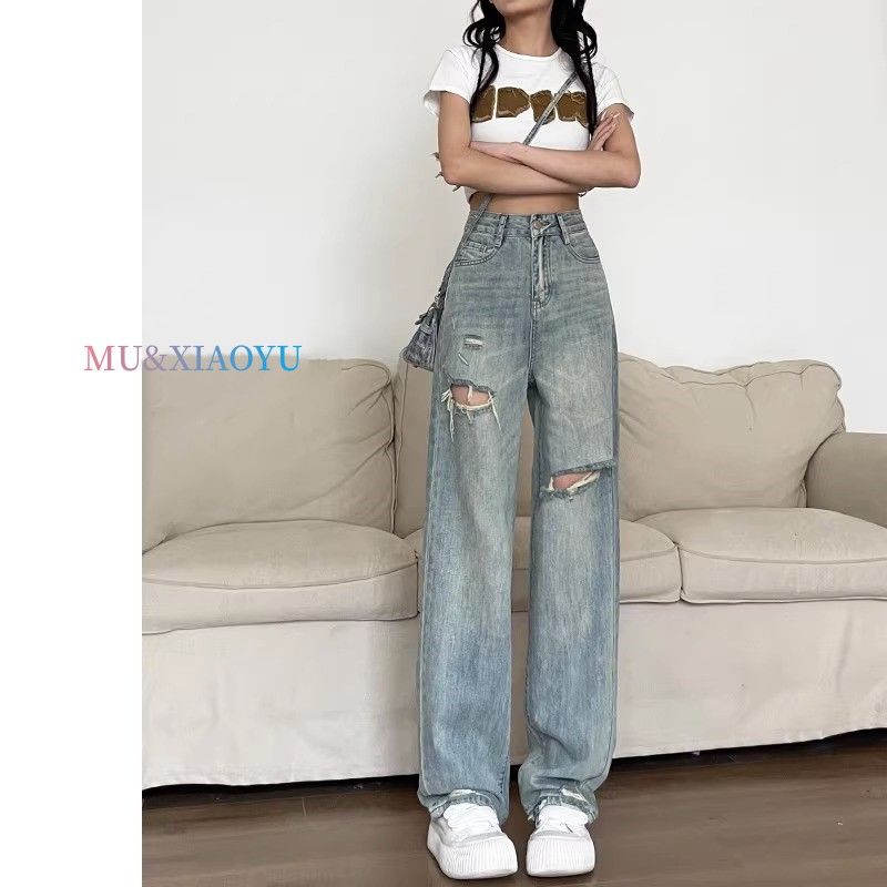American ripped jeans for women spring and autumn 2024 new wide-leg pants for small people high-waisted straight floor-length pants for summer