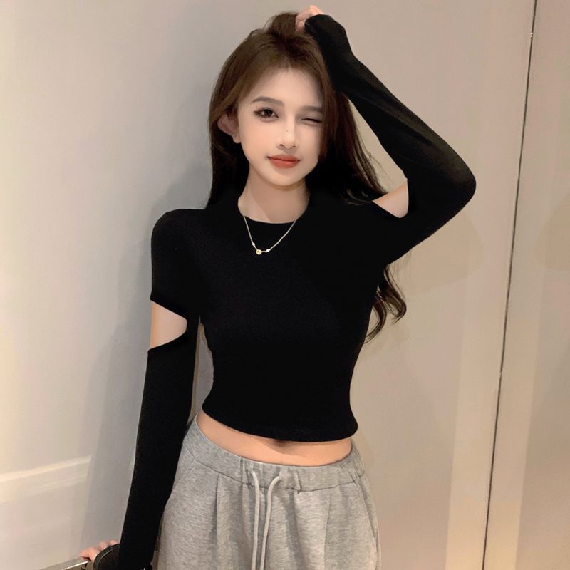 Threaded black long-sleeved ripped tight top half turtleneck bottoming shirt for women autumn and winter plus velvet warm short t-shirt trendy