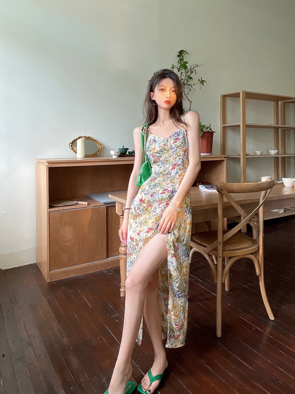 實拍 夏季新款開叉露背修身性感碎花油畫裙女吊帶連衣裙