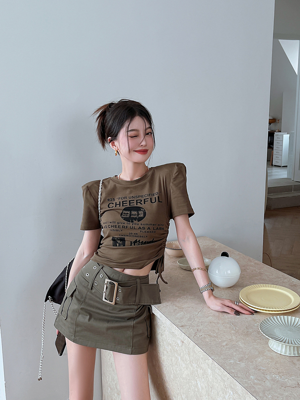實拍美式復古辣妹高腰A字工裝裙褲修身印花短袖T恤兩件套裝女