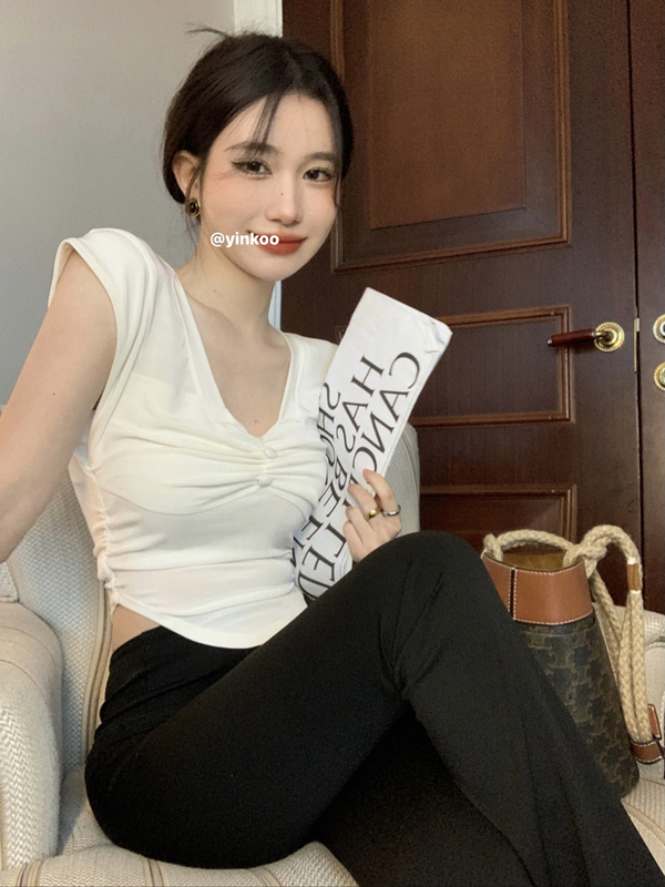 實拍 新款涼爽醋酸修身彈力弧形下擺短袖T恤女裝