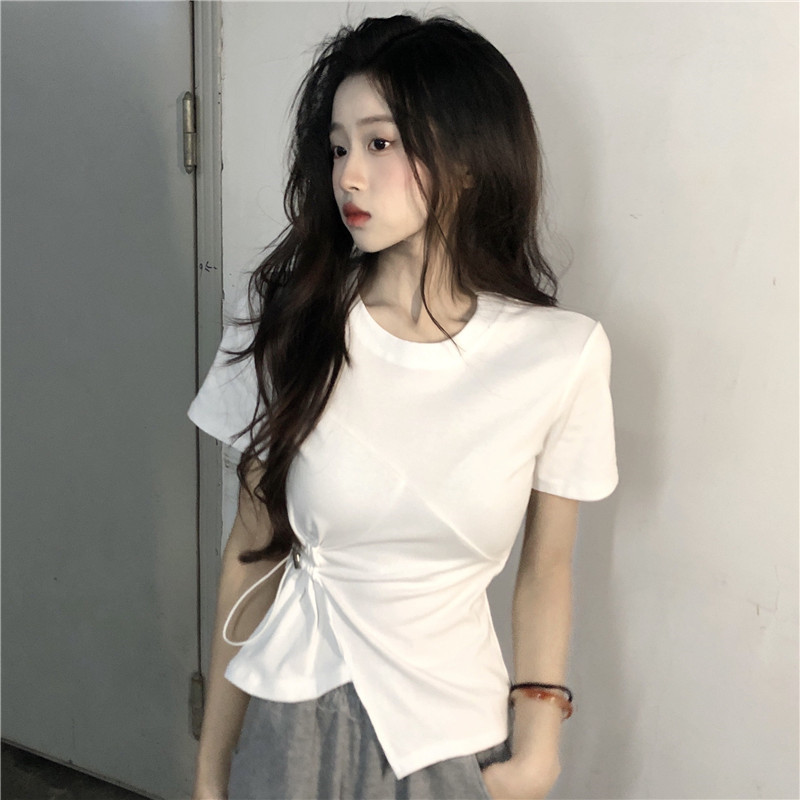 實拍~辣妹修身上衣T恤純欲風韓版顯瘦不規則抽繩設計感