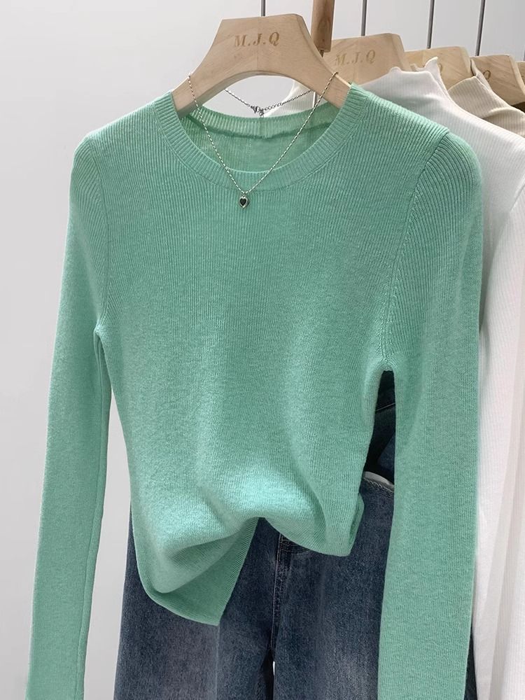 Solid color slim fit and warm bottoming sweater for women in autumn and winter new German velvet soft waxy round neck with long-sleeved top