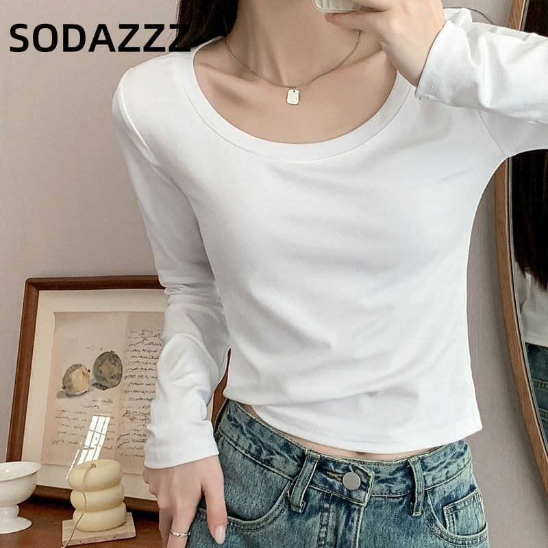 SODAZZZ right shoulder U-neck long-sleeved women's early spring new slim fit bottoming shirt small short top versatile