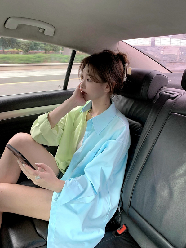 實拍 設計感撞色防曬襯衫女夏新款時尚小眾寬鬆韓版襯衣外套ins潮