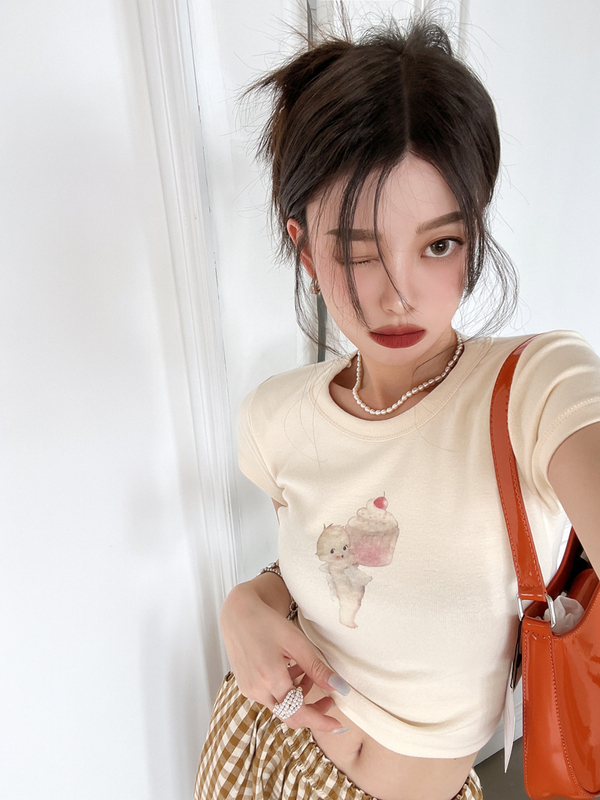 實拍正肩T恤女純棉bm風蛋糕小天使短袖上衣夏季辣妹ins
