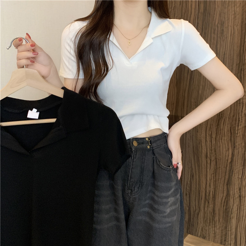 實拍 純棉V領短袖T恤女翻領Polo衫上衣ins