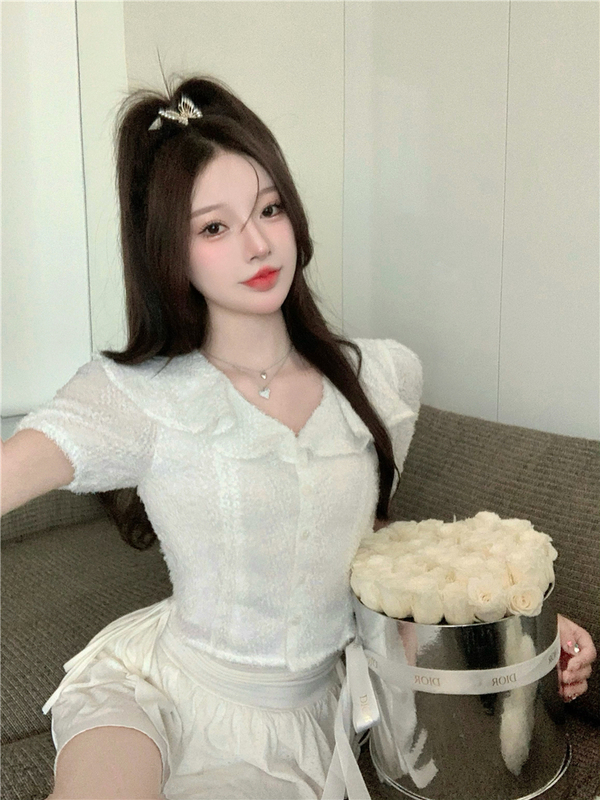 實拍~甜辣法式泡泡袖短褲rose風別致漂亮小衫新款T恤女