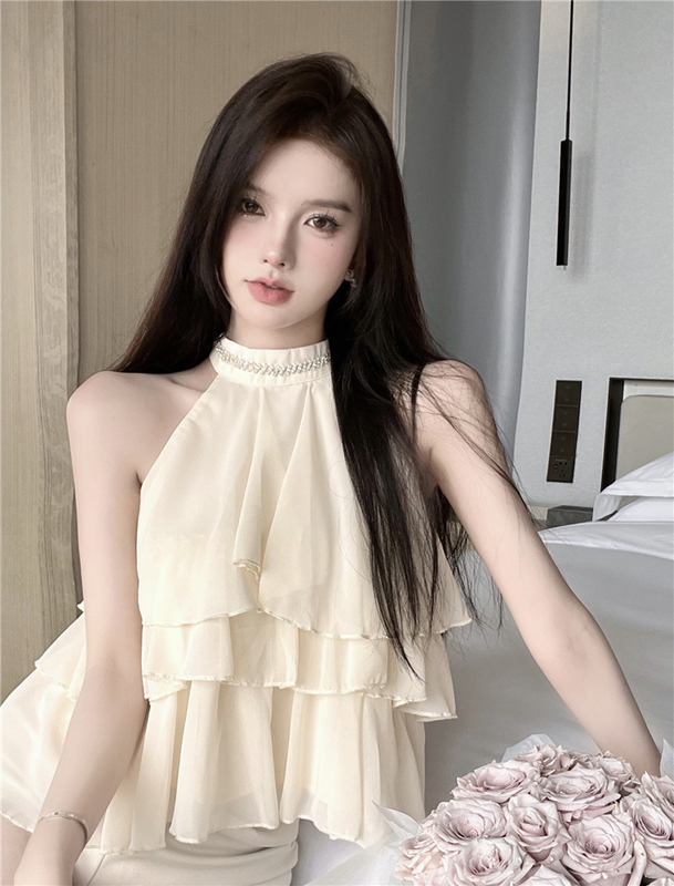 Real shot ~ Halter neck top for women in summer, loose, slim, irregular, sleeveless, short, chic chiffon shirt