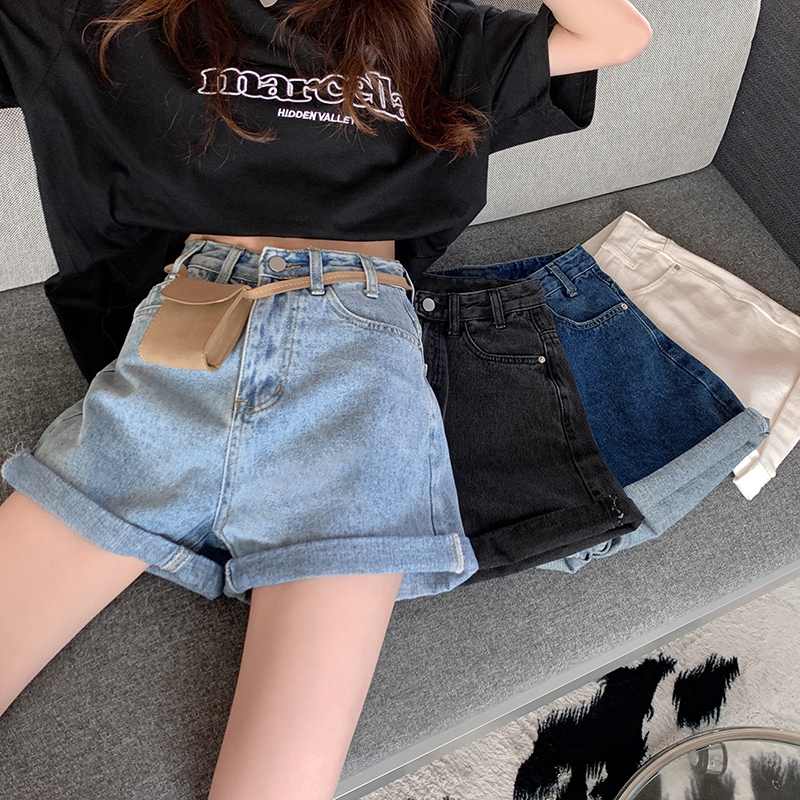 實拍 百搭高腰卷邊牛仔短褲女直筒寬鬆復古顯瘦闊腿a字熱褲