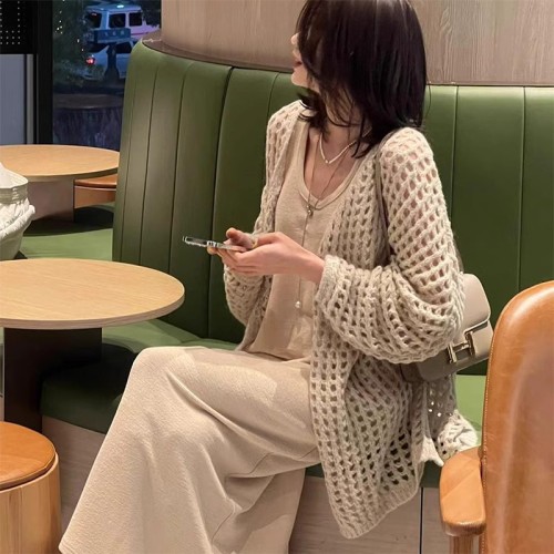 2024 early spring new mid-length hollow knitted cardigan for women, lazy style outer sweater jacket, sun protection top