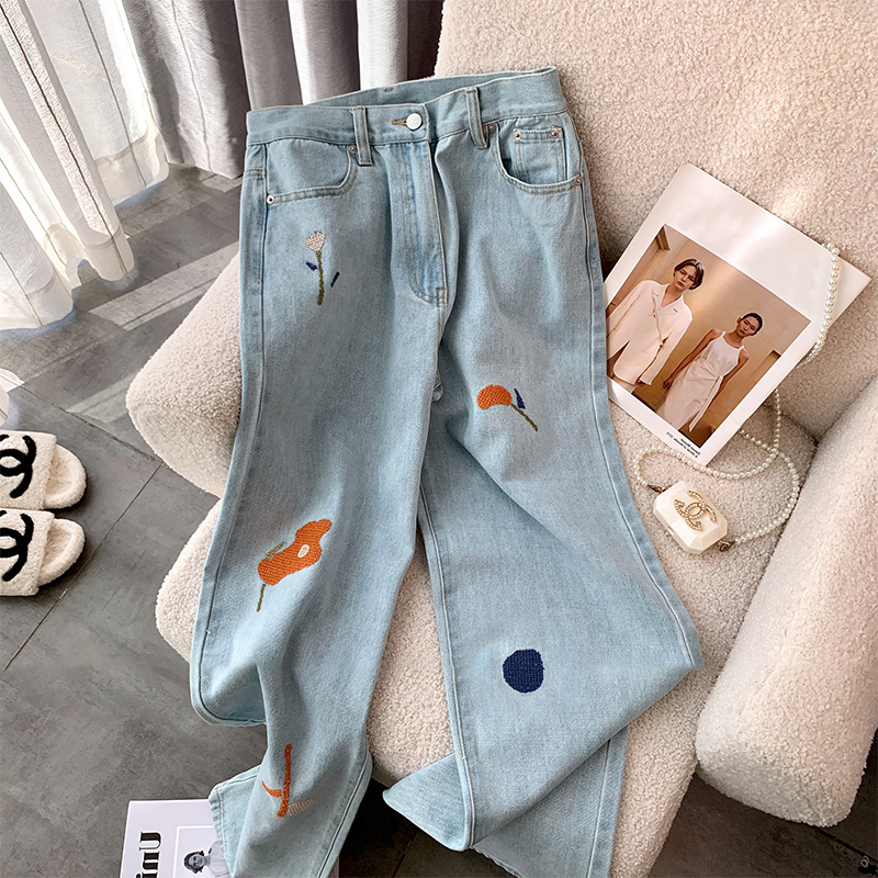 高街美式花朵刺繡直筒大碼牛仔褲女潮ins小眾高腰長褲闊腿褲長褲