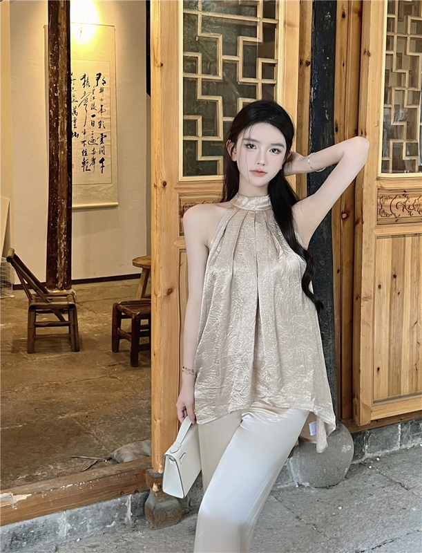 Real shot of halterneck off-shoulder crepe textured halterneck design top + drapey loose wide-leg pants for women