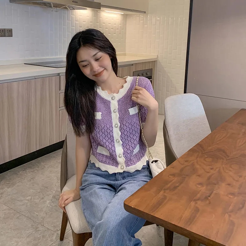 官方圖2024針織開衫女夏裝新款修身短袖T恤性感V設計感小眾上衣潮