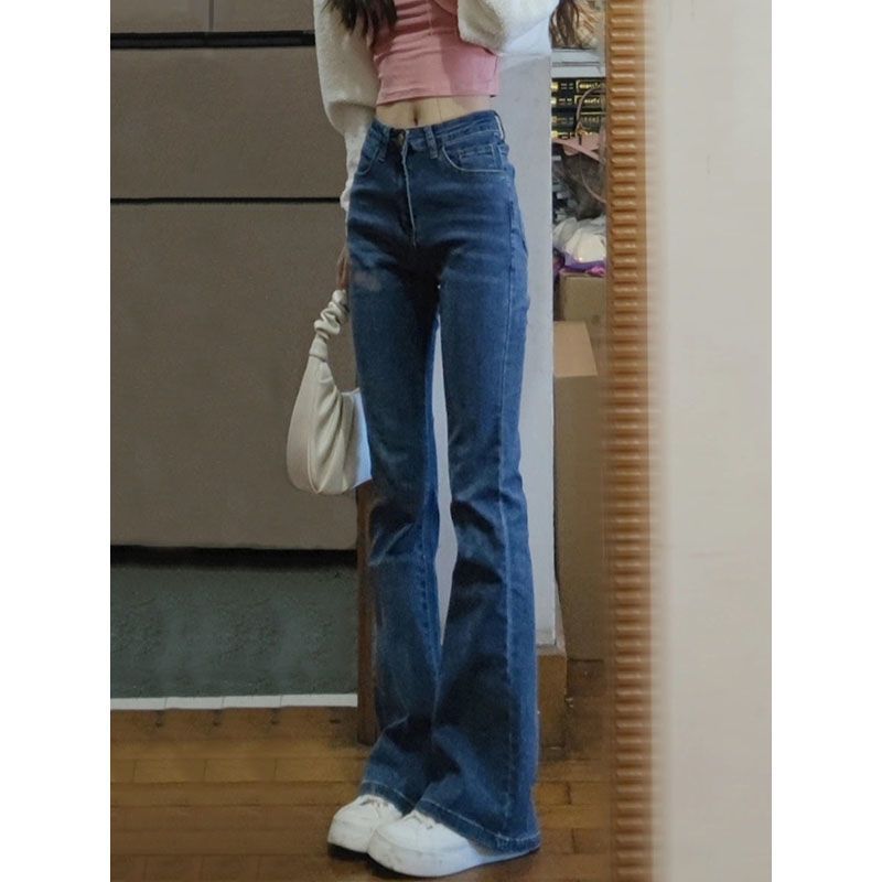 Autumn and winter velvet thickened high-waisted micro-flare pants for women to look slimmer and taller retro Hong Kong style floor-length denim long pants trendy