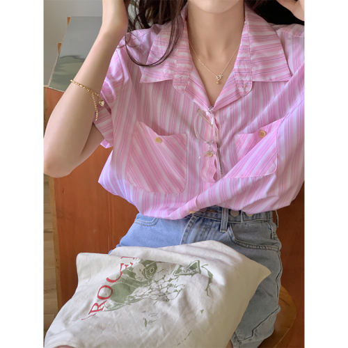Real shot striped short-sleeved shirt for women in spring and summer design niche lazy style loose Korean style casual top