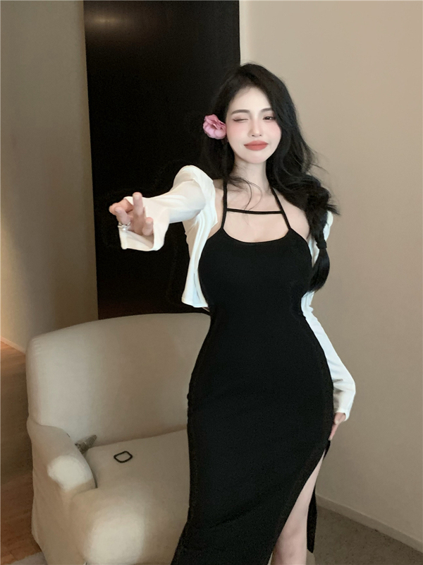 Real shot!  Gentle style loose short cardigan halter neck slimming dress