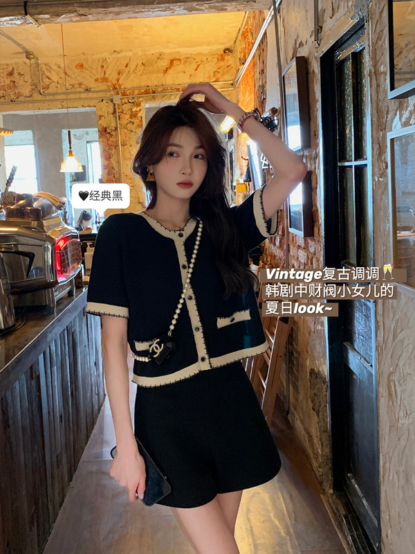 夏詩文 夏日赫本 名媛風撞色針織薄款開衫女短款圓領外搭復古上衣