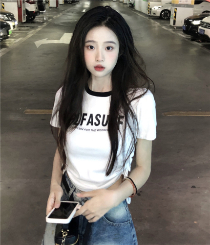 Real shot of sweet and spicy pure cotton letter printed short-sleeved T-shirt design, versatile retro round neck drawstring top