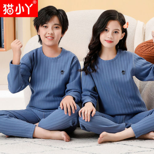 Children's velvet thickened thermal underwear set for older children, long-sleeved autumn clothes, long-sleeved autumn trousers, round neck, teenagers' base layer, autumn and winter