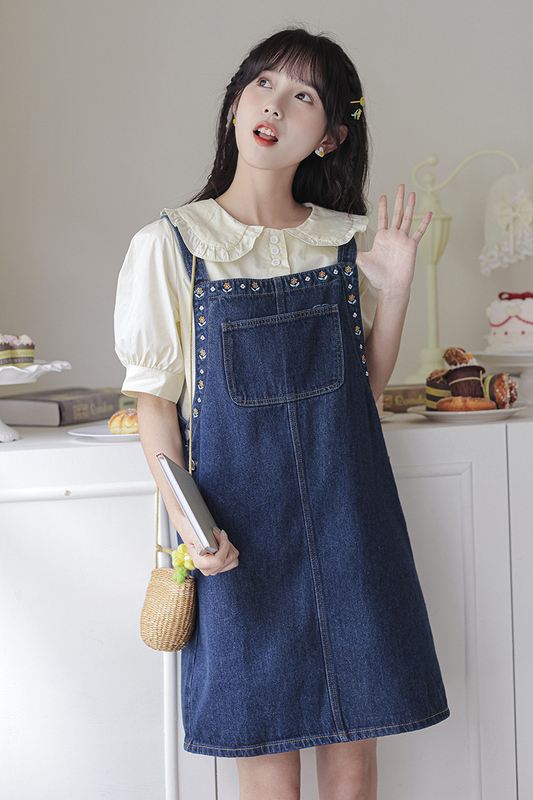 實拍2024刺繡吊帶裙背帶裙韓版減齡寬鬆短款牛仔連衣裙套裝女