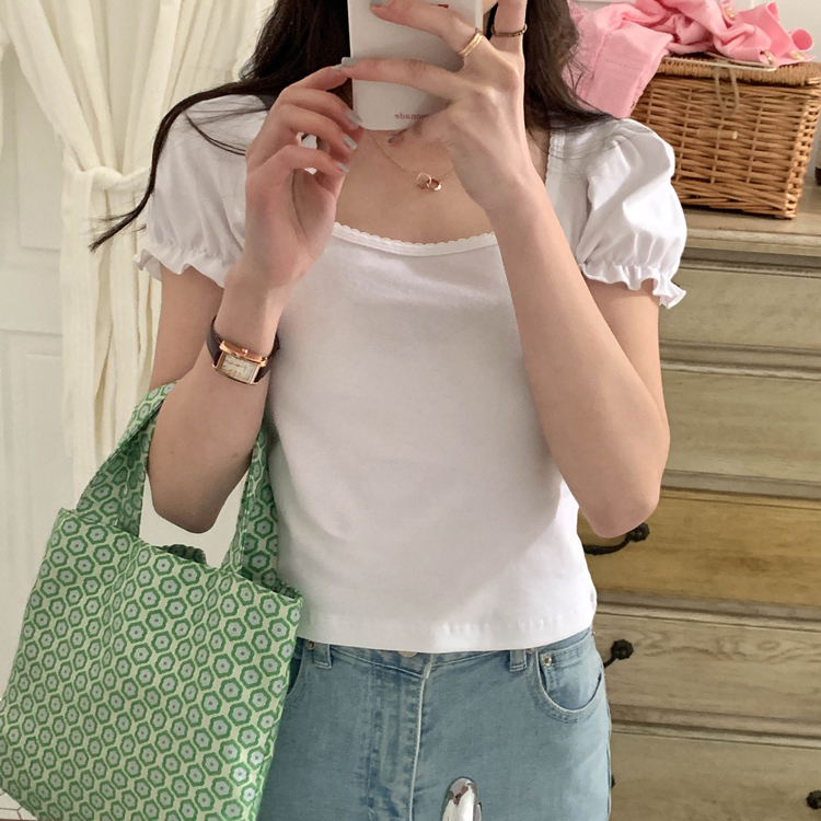 Real shot of retro age-reducing slim fit high-waisted short top for women Korean version sweet style versatile lace collar T-shirt