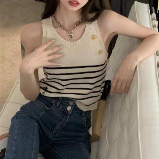 條紋針織吊帶背心女設計感小眾外穿內搭夏季短款辣妹運動打底上衣