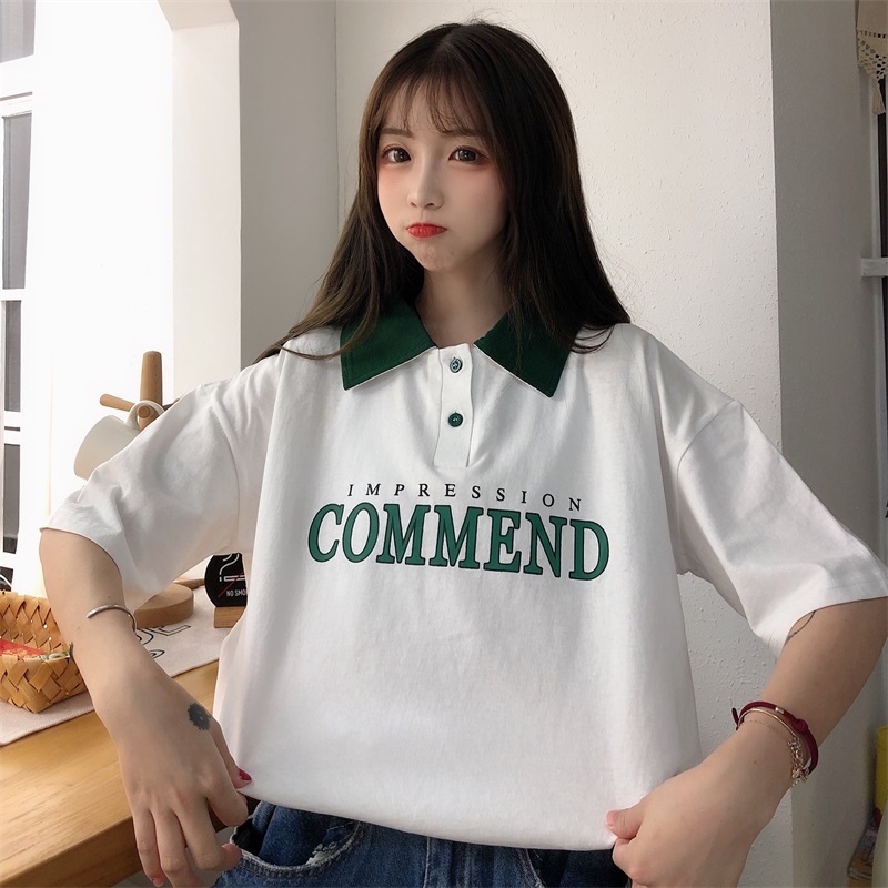 實拍夏季新款POLO領時尚修身可愛百搭短袖t恤女