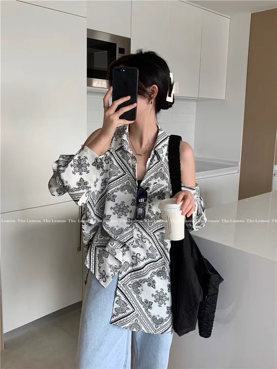 民族風復古花色襯衣女2024夏季新款寬鬆顯瘦氣質露肩小個子襯衫裙