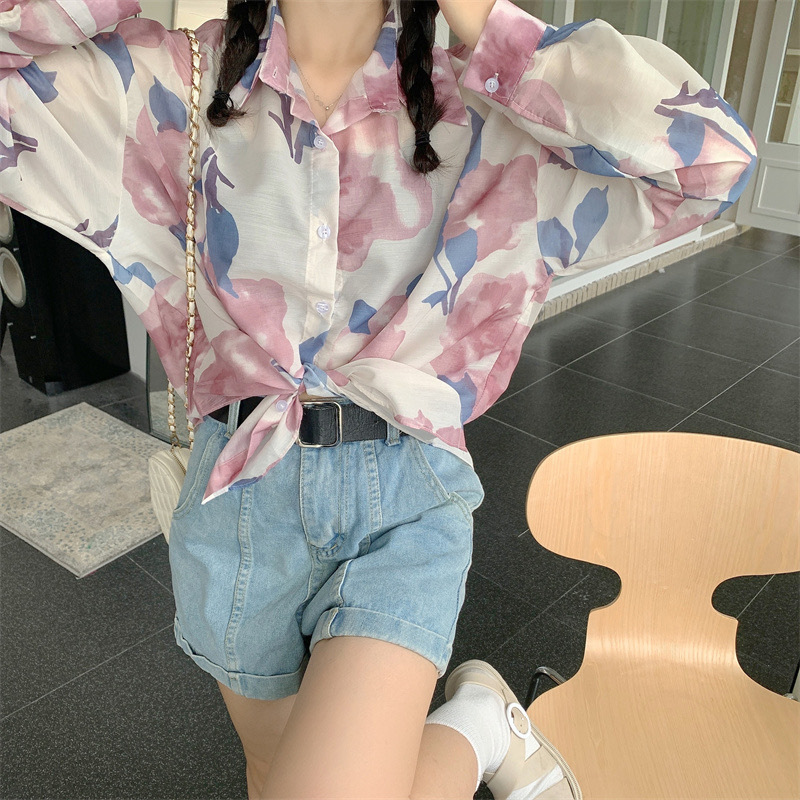 新款韓版溫柔氣質小眾復古水墨襯衫顯瘦外套女夏季防曬襯衫