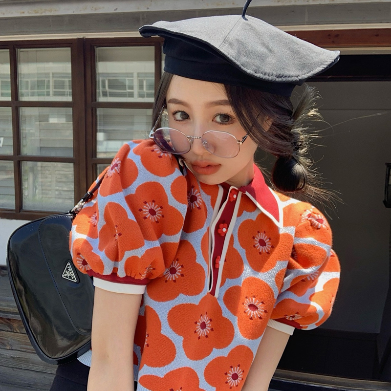 針織衫薄款女夏季2024新款小個子短袖polo領花朵短款泡泡袖上衣潮