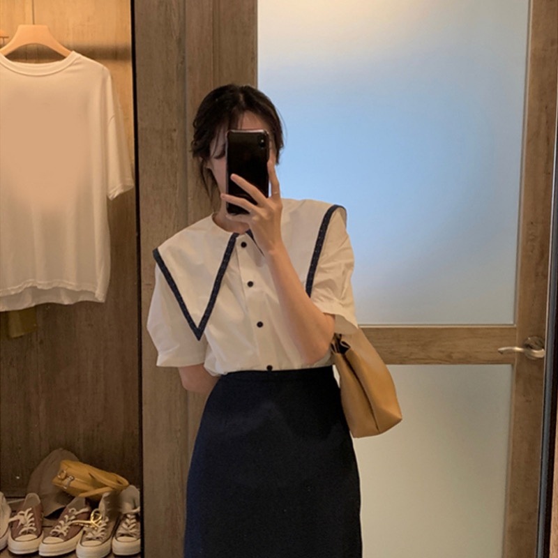 白色設計感襯衫2024年夏季女裝新款韓版簡約百搭休閒排扣短